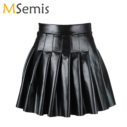 Gothic Women High Waist Wet Look Pleated Skirt PU Leather y2k E Girls Ladies A-line Flared Miniskirt Rave Dance Sexy Clubwear