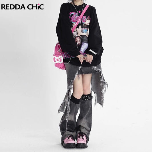 REDDACHiC Women Retro Gray Low-waist Mini Denim Skirt &amp; Waist Cape &amp; Leg Warmers &amp; Chain Belt Grunge Y2k Acubi Fashion Clothes