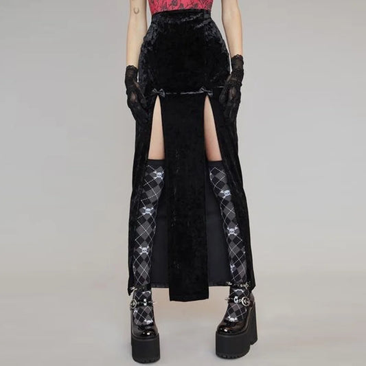 Vintage Black Velvet Split Skirts Aesthetic Sexy High Waist Bow Bodycon Long Skirt Elegant E Girl Punk Partywear Clothes